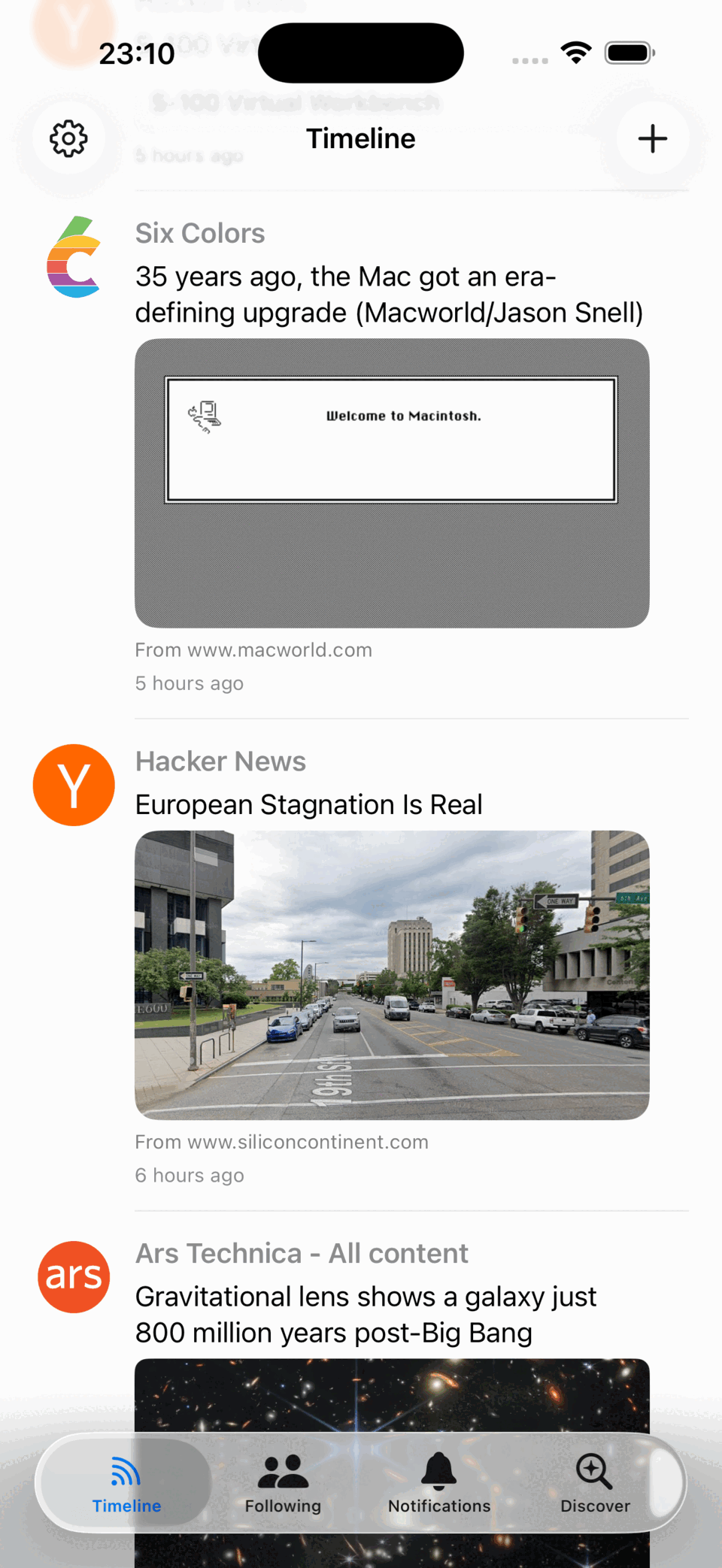 BlogWarp on iOS — Timeline view with posts from Six Colors, Hacker News, and Ars Technica
